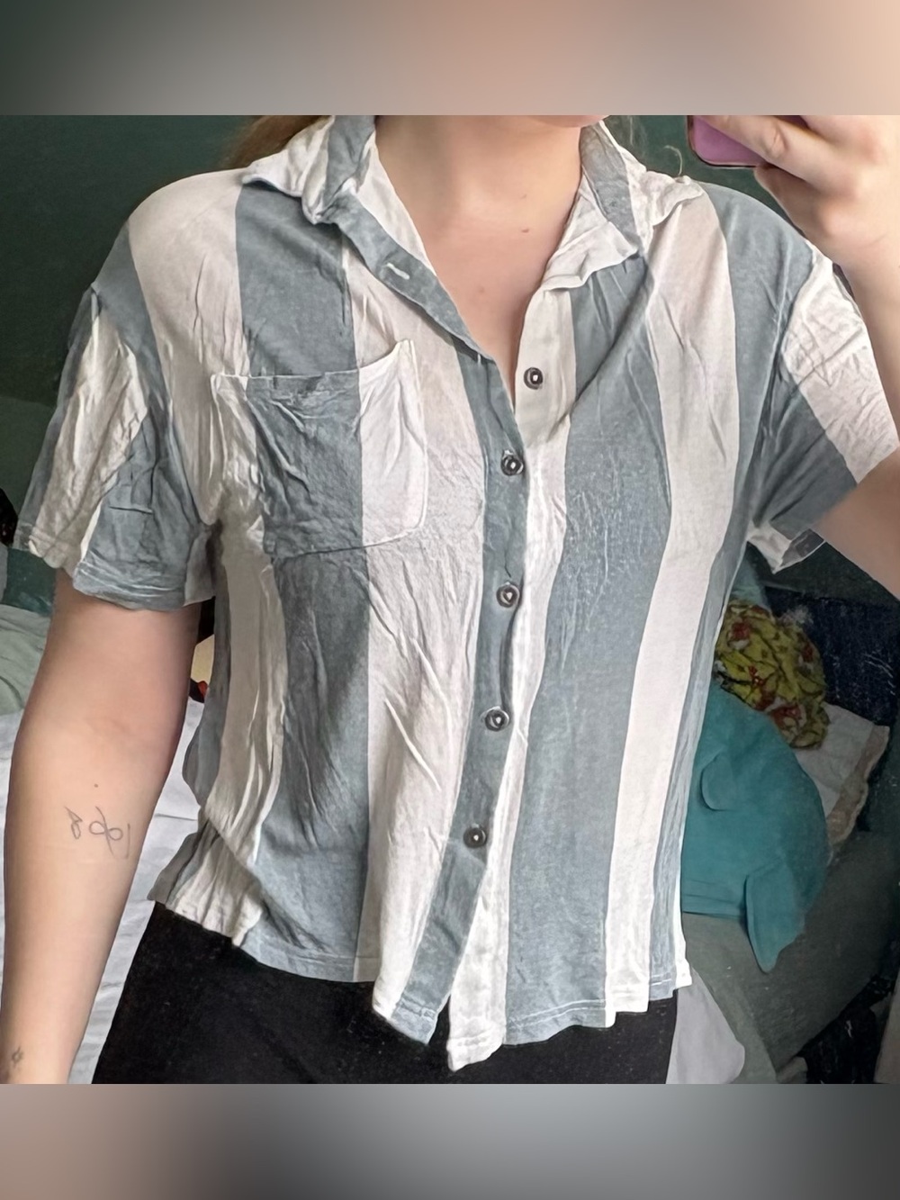 Streetwear Society Vertical Stripe Button-Down Shirt in Sage Green & White